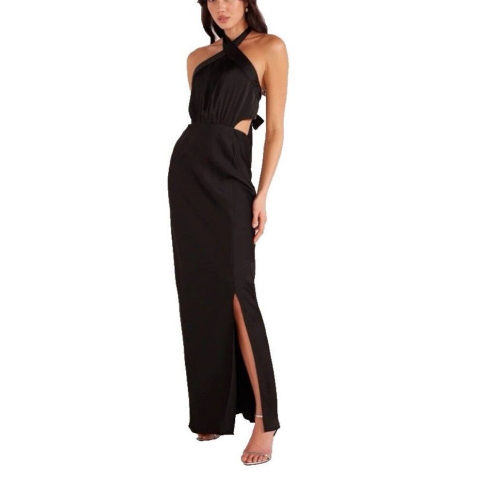 MINKPINK LARGE Solid jet black silky satin feel Halter Maxi Dress NWT